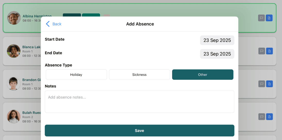 Adding absence form