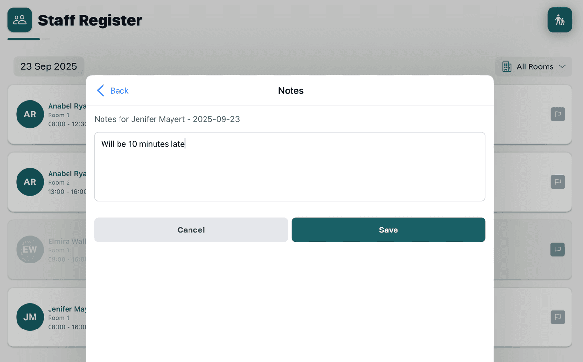 Staff notes dialog