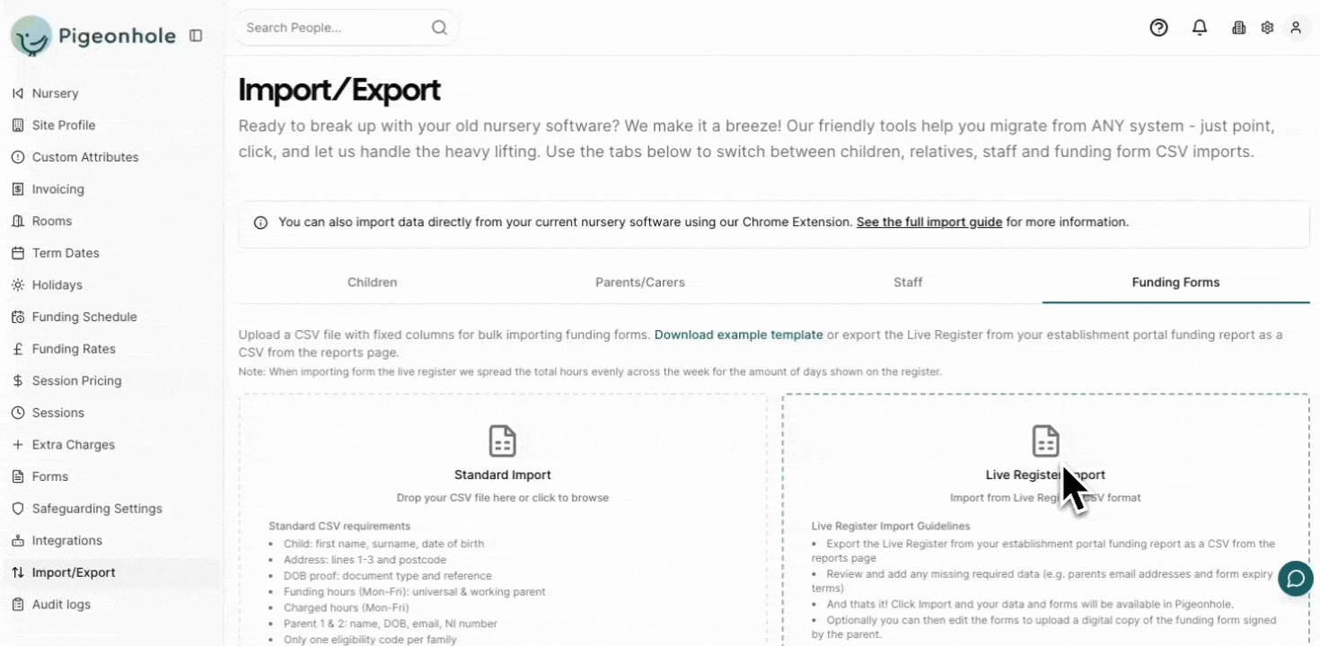 Import Funding Forms from Live Register