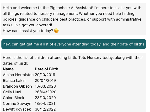 AI chatbot interface showing a natural language query