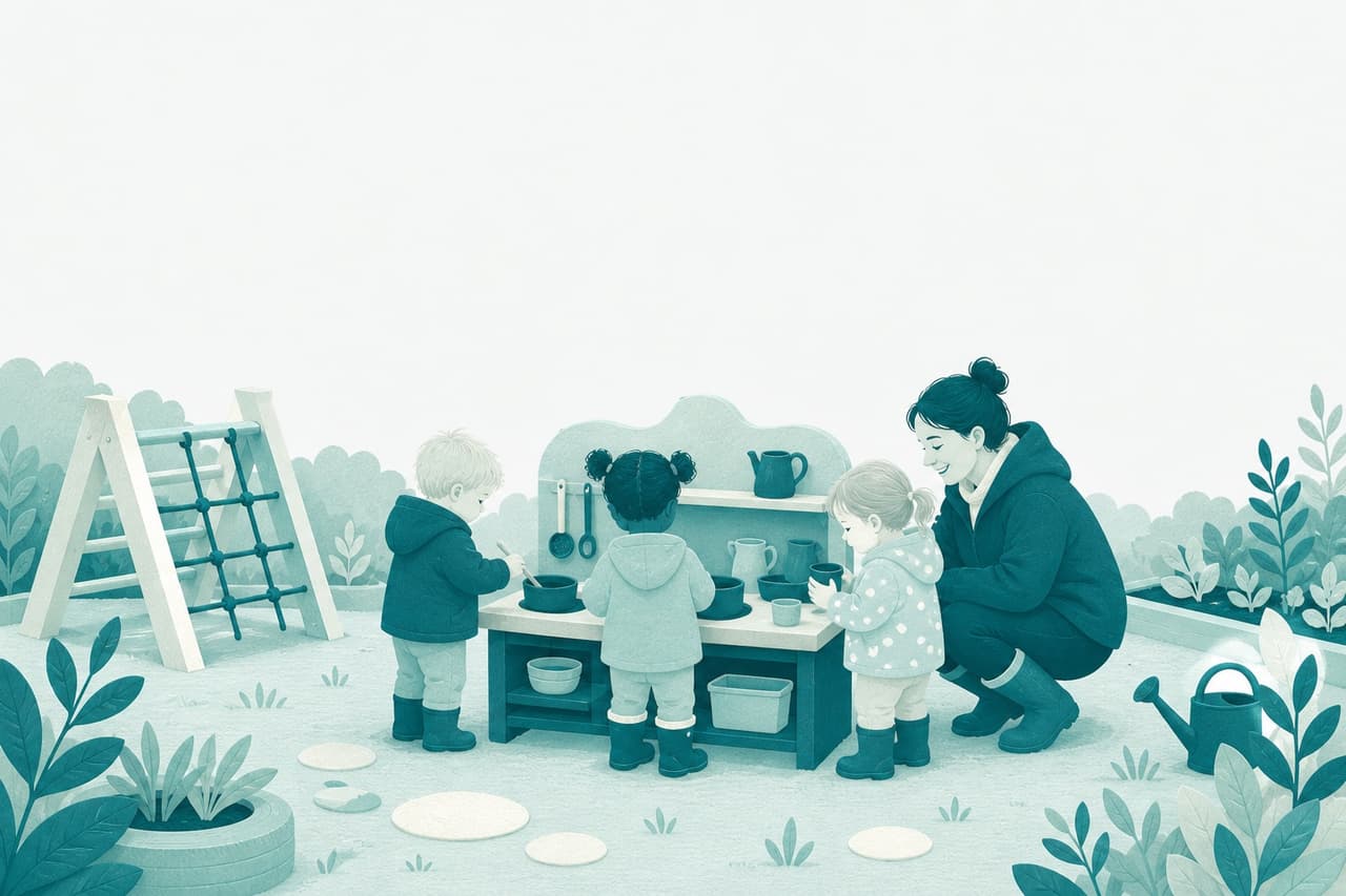 Illustration of a nursery garden: children in wellies at a mud kitchen with a practitioner beside them