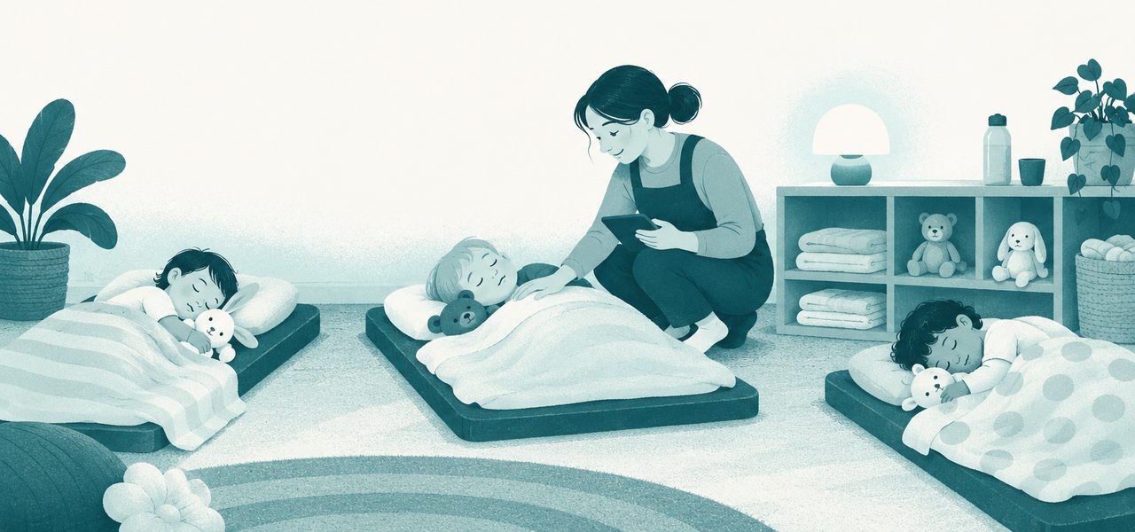 Illustration of a practitioner quietly checking on sleeping toddlers in a nursery nap room