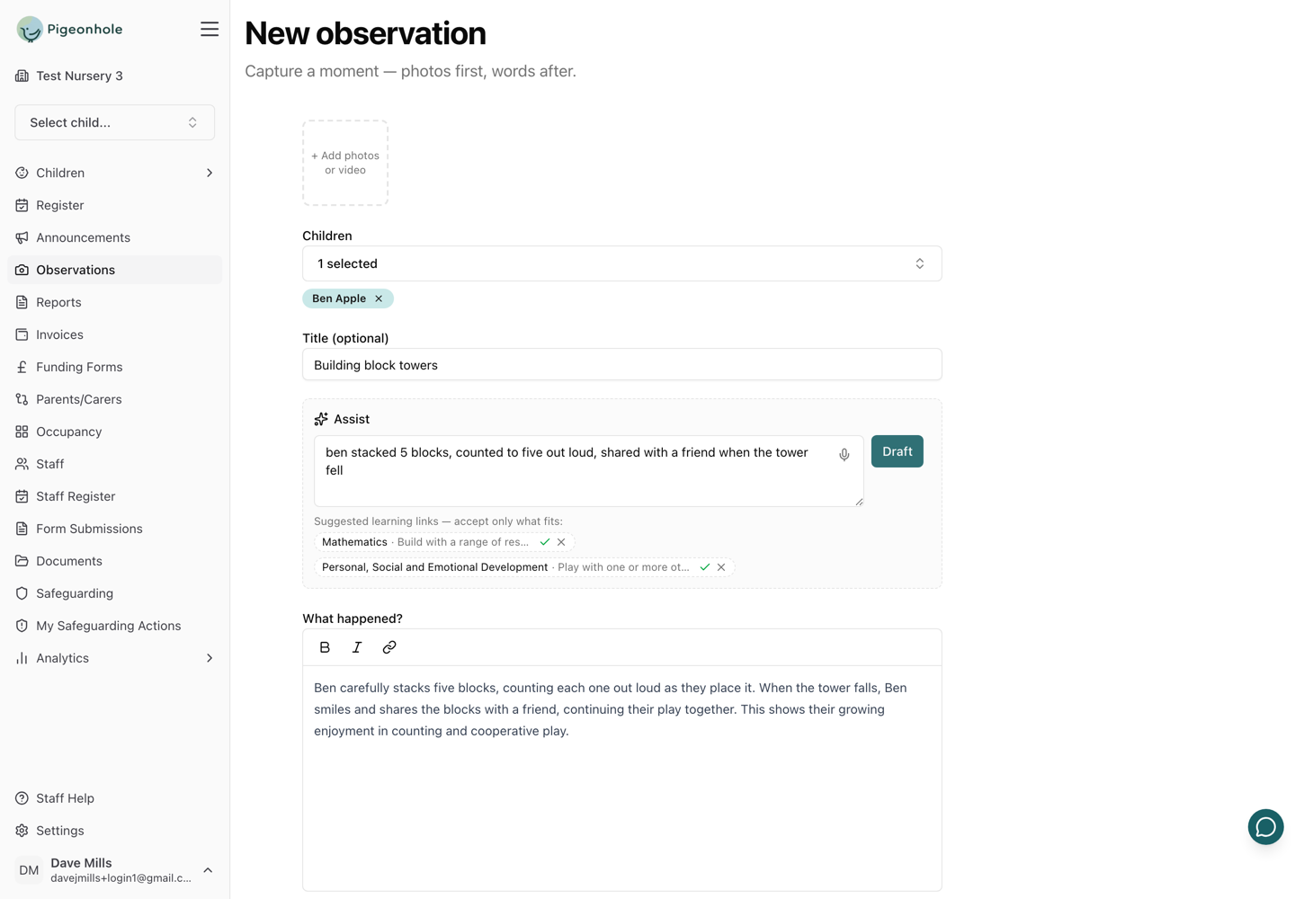 The AI assist panel turning rough notes into a drafted observation
