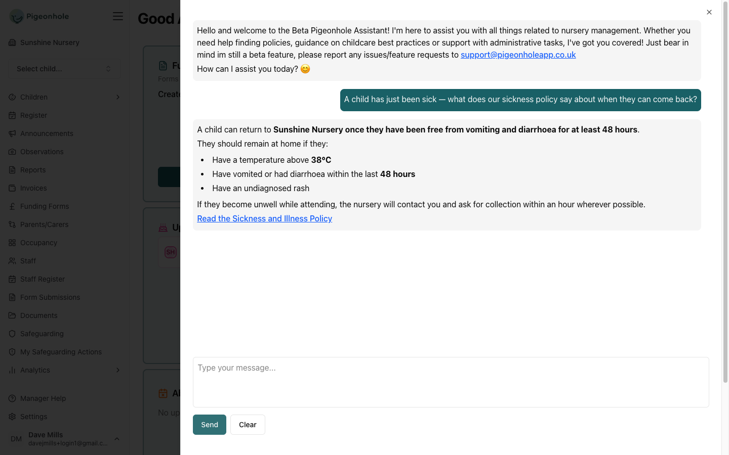 The assistant answering a sickness-policy question with the 48-hour rule, quoting the setting's own policy document