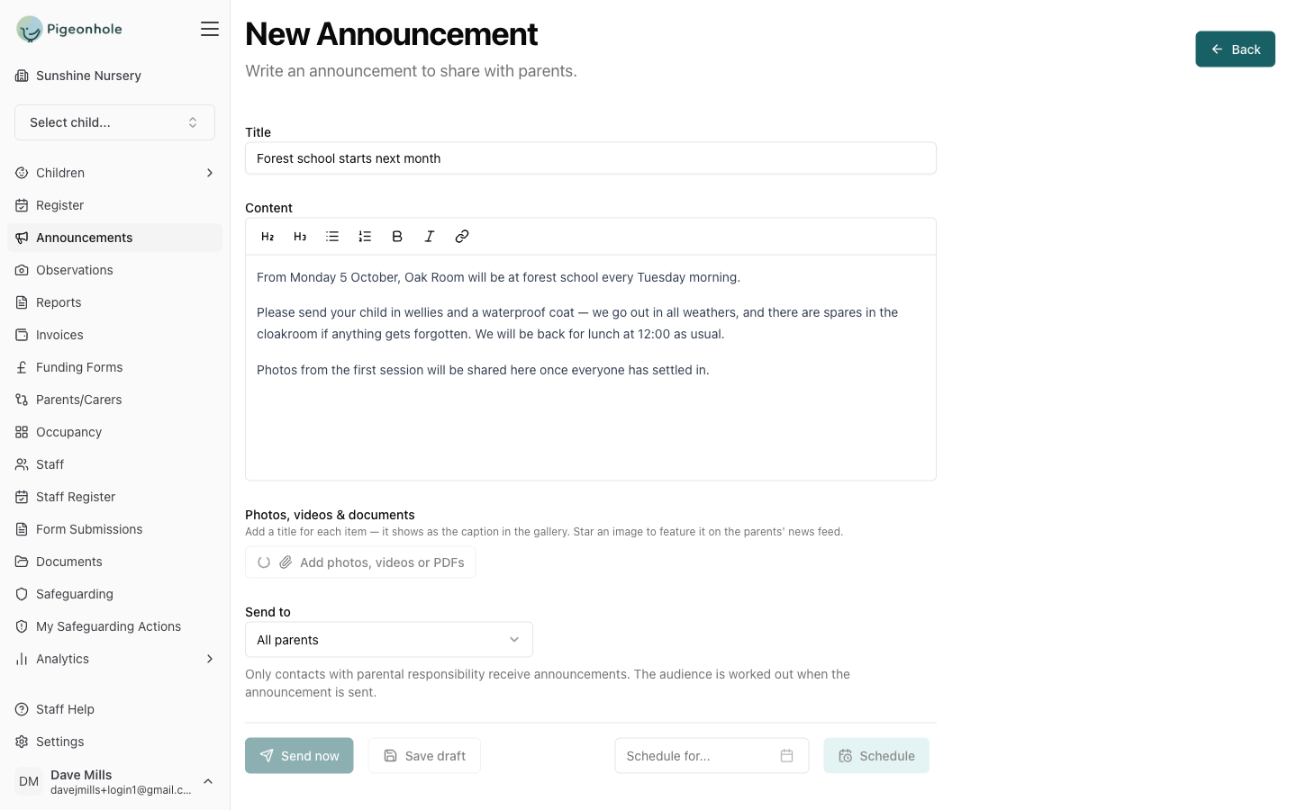 Composing an announcement to families, with a photo attached