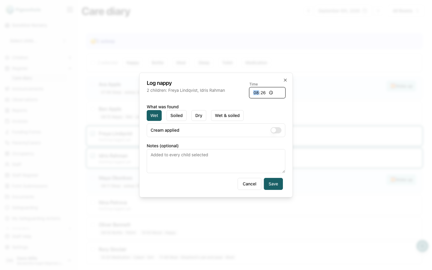 Logging a nappy change for two children at once, with the state, cream and time in one dialog