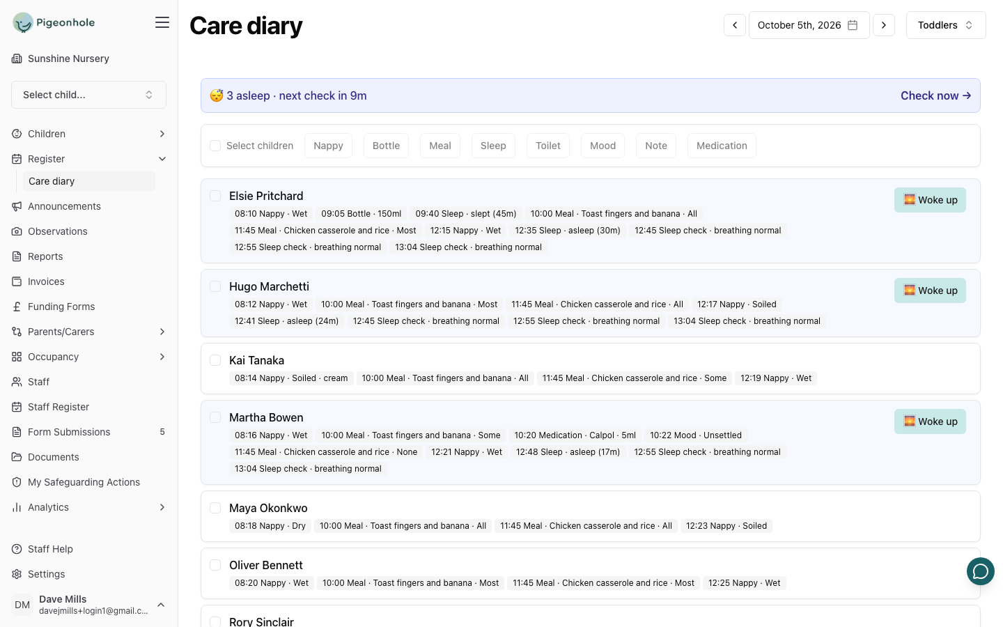 The care diary for a room, with meals, nappies and sleeps logged for each child and two children asleep