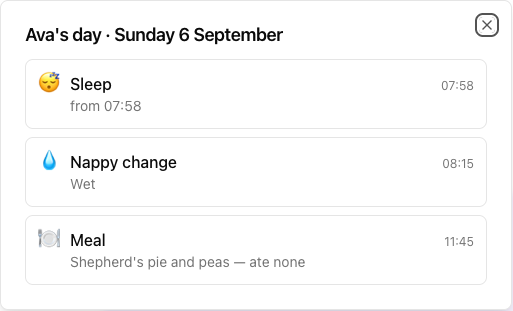 A parent's view of their child's day: a sleep, a nappy change and lunch, each with its time