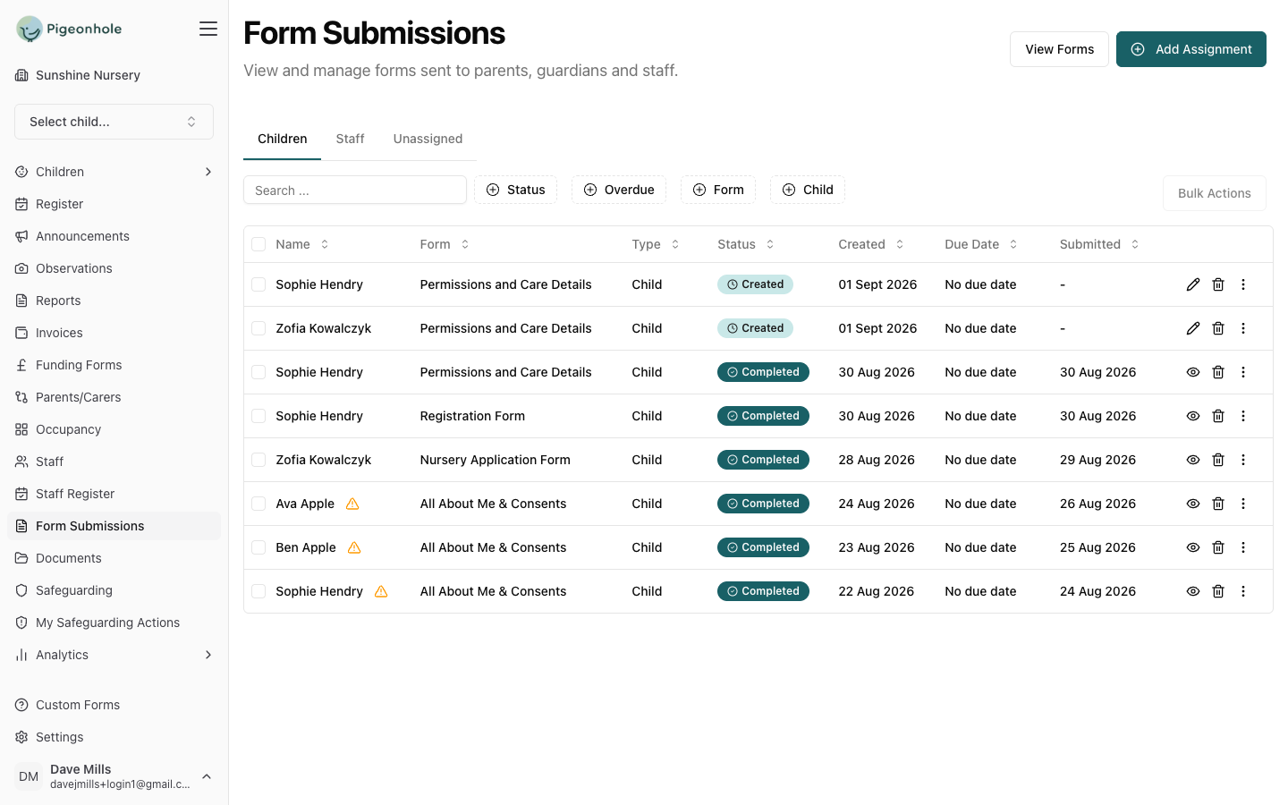 Form submissions: application and consent forms completed by families, ready to apply to each child's profile