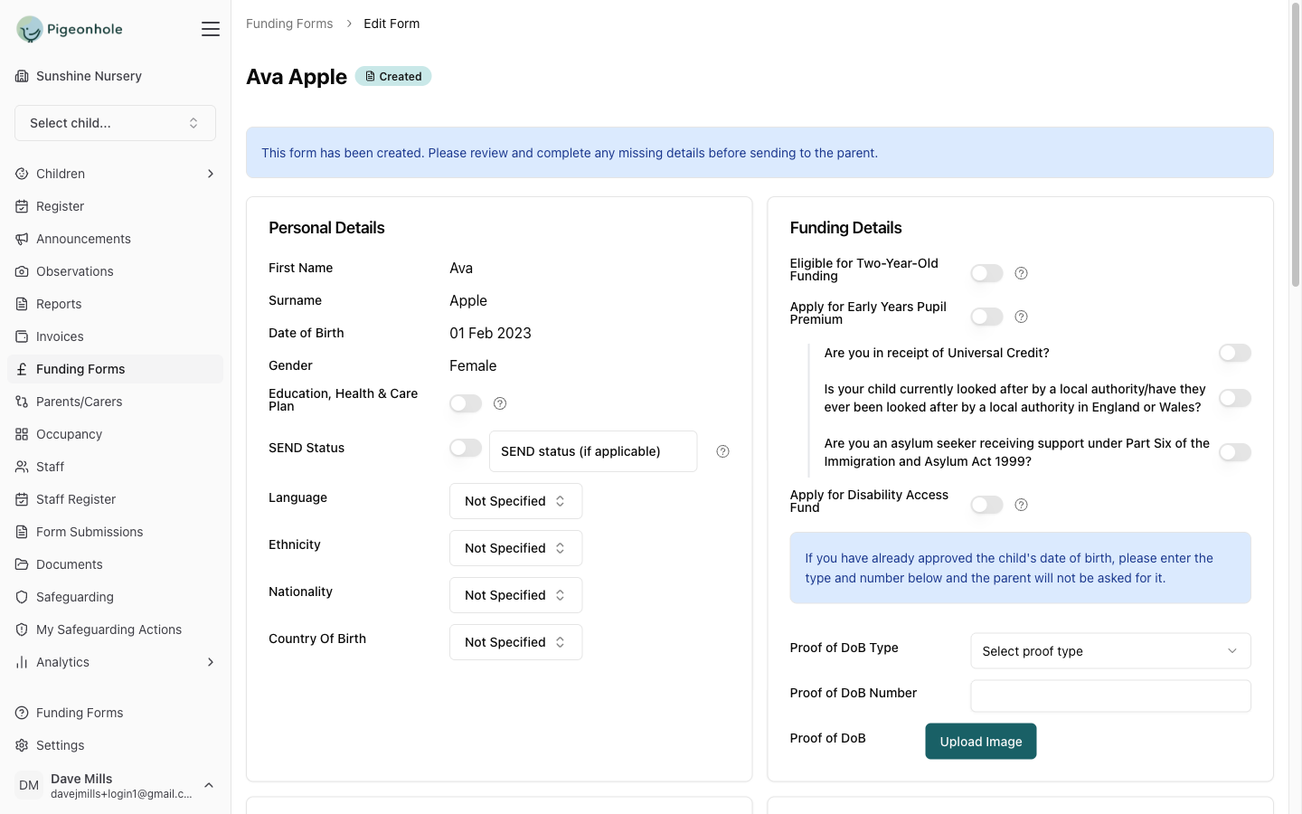 A funding claim pre-filled from the child's record, ready to review