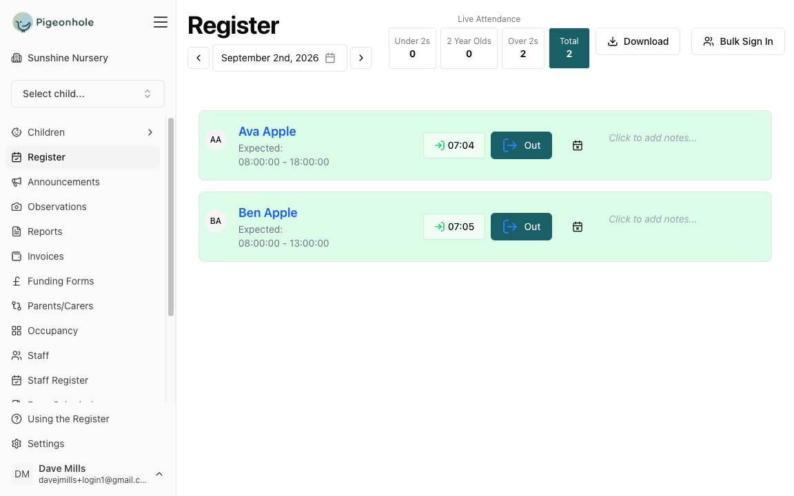 The live register with children checked in and live attendance counts
